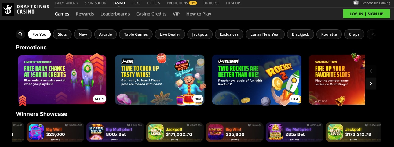 DraftKings games lobby with live promotions and winners showcase displayed.